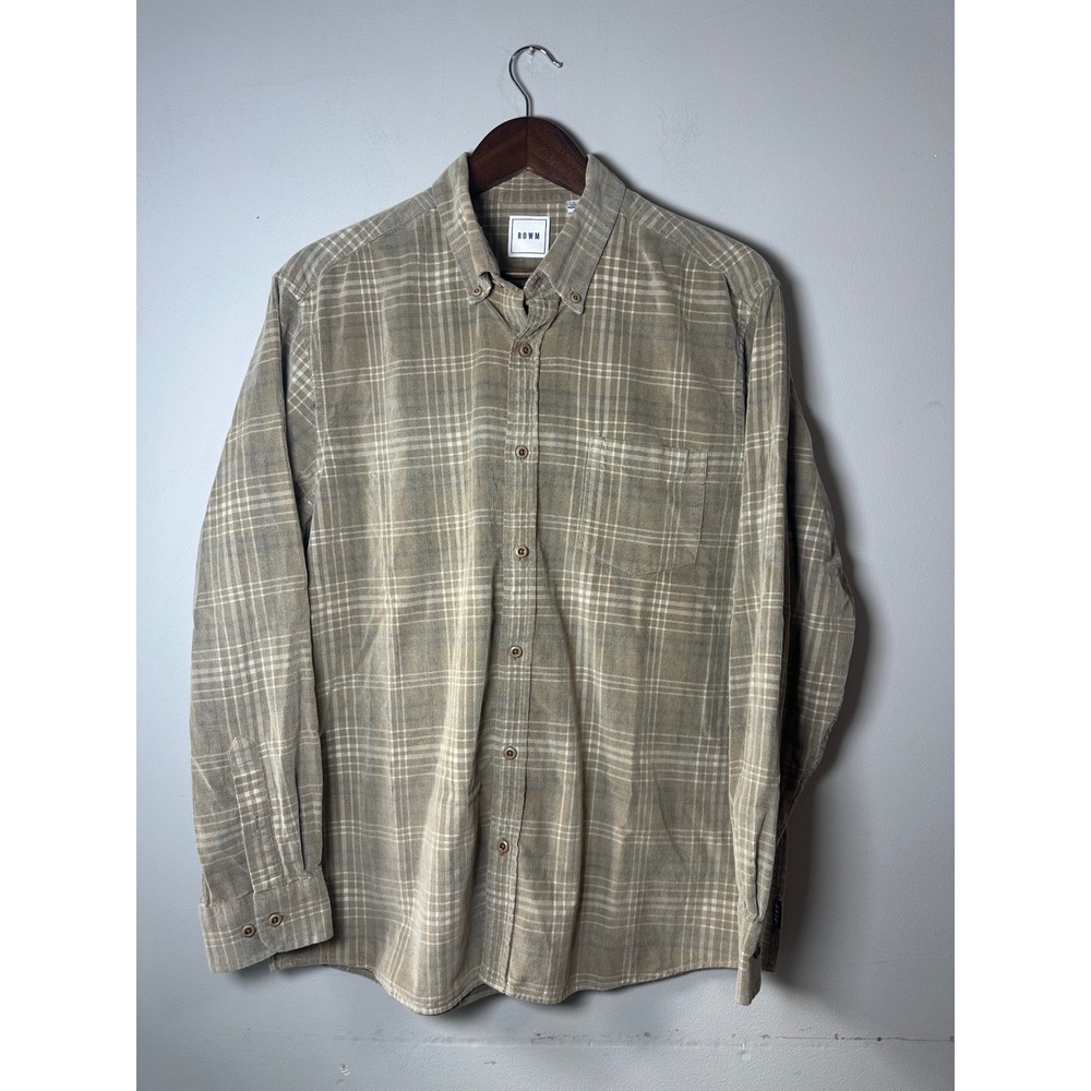 ROWM Tan Plaid Corduroy Button Down Shirt Mens Large 100% Cotton Long Sleeve